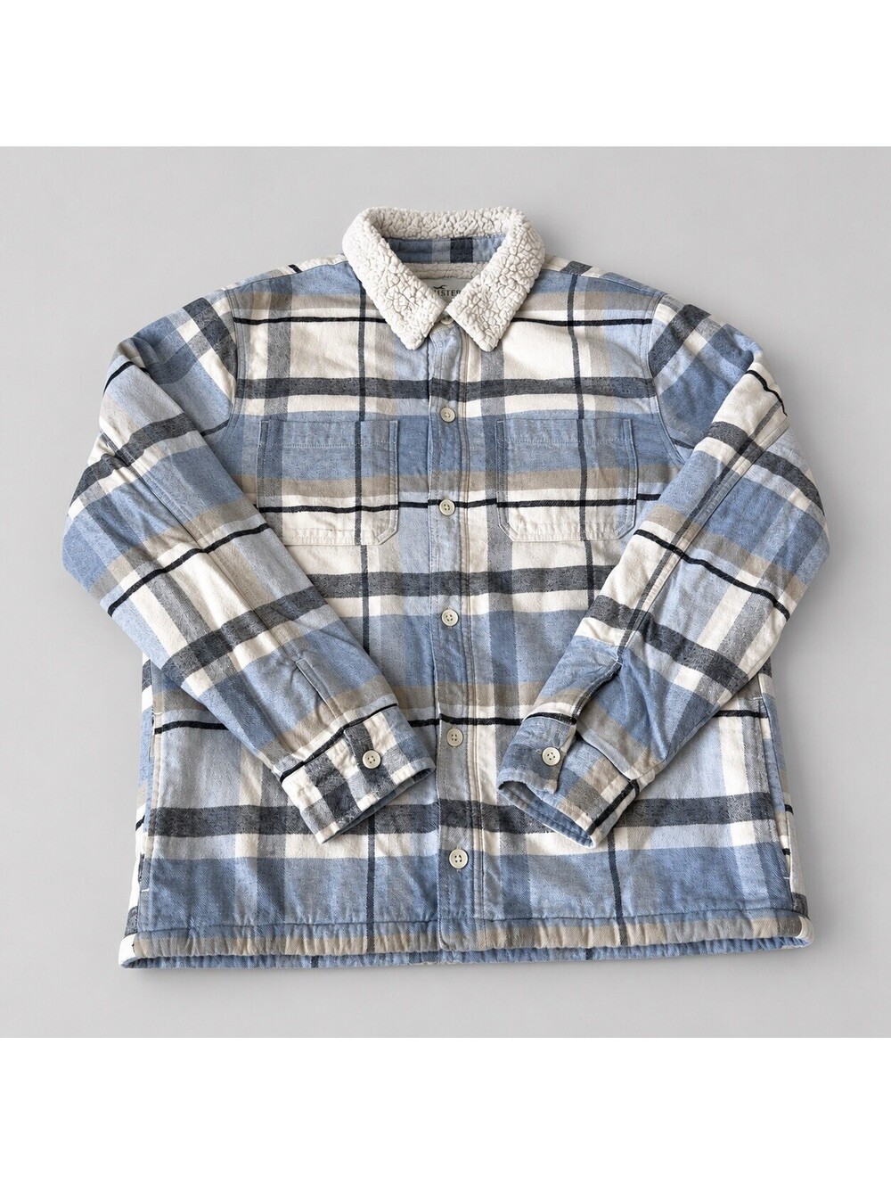 Hollister Men's Plaid Flannel Sherpa Lined Jacket Shacket Blue White Size L